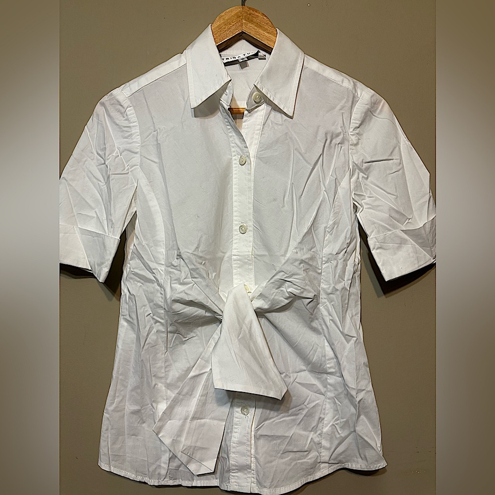 TRINA TURK Designer White Cotton Button Down with Tie Detail